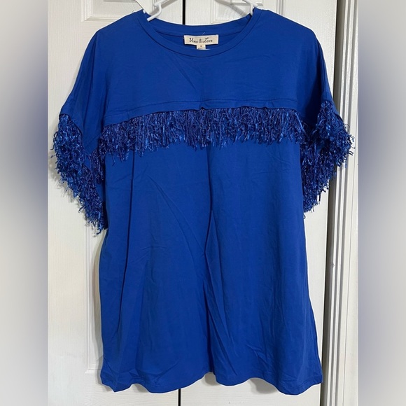 Tassled Blue Womens T-Shirt Top 100% Cotton Blouse Vine & Love Size Medium NWT - Picture 2 of 8